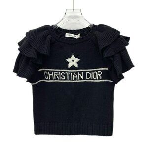 Christian Dior Black Cashmere Ruffled Short-Sleeve Sweater 36 XS Round-Neck Knit